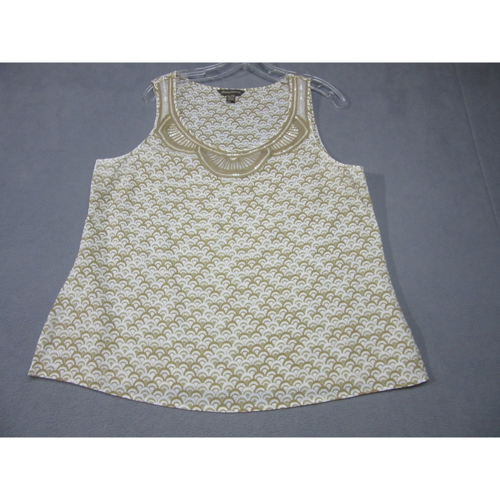 Tommy Bahama Tank Top Womens XL Beige Green Sequin Embroidered Scallop Gauze